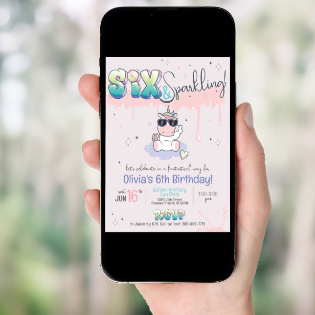 SIX & Sparkling Unicorn Graffiti Girl 6th Birthday Invitation (Front Digital)
