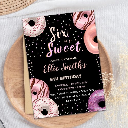 Six Sweet Black Pink Donut Birthday Invitations