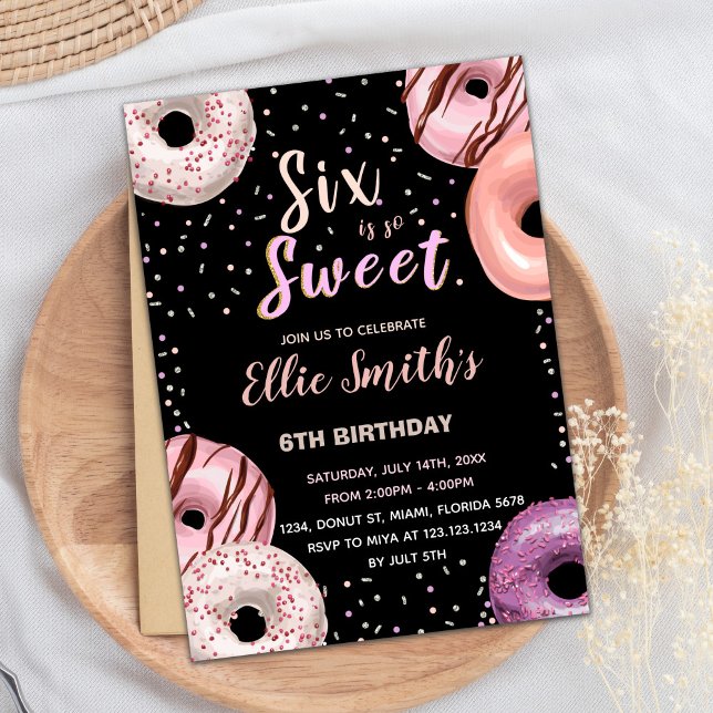 Six Sweet Black Pink Donut Birthday Invitations (Six Sweet Black Pink Donut Birthday Invitations)