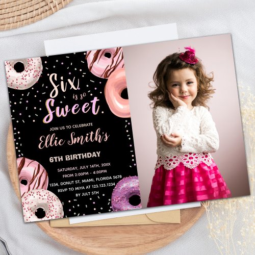 Six Sweet Black Pink Photo Donut Birthday Invitation