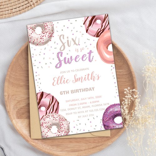 Six Sweet Pink Donut Birthday Invitations