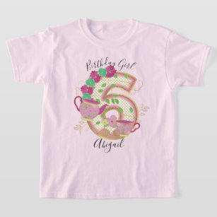 Six Tea Party Birthday Girl   Floral T-Shirt