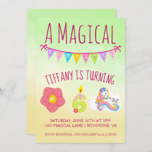 Six Years Old Unicorn Theme Birthday Party Invitation