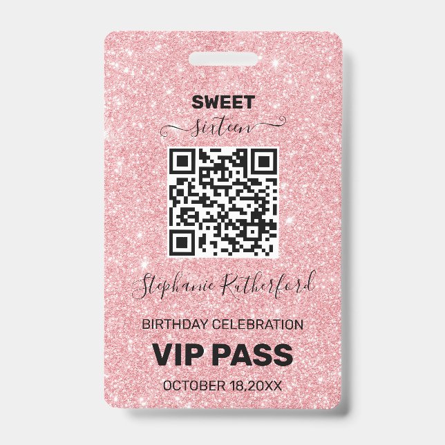 Sixteen Birthday Party VIP PASS Pink Glitter Badge (Front)