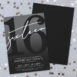 Sixteen Black 16th Birthday Invitation<br><div class="desc">Dark Gray and Black Sixteen Birthday Party Invitation. Celebrate turning sixteen in style with this bold, chic design. The top half features a large black “16” with a sassy handwritten white script “sixteen” layered over it, standing out against a dark gray background for an overall black-and-white look. The bottom portion...</div>
