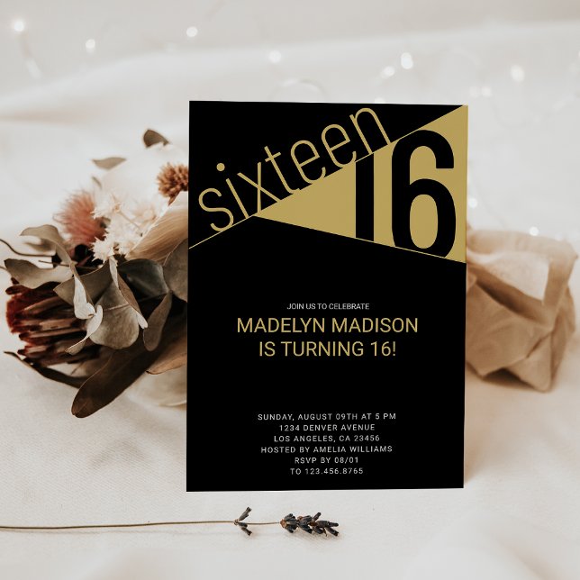 Sixteen | Black & Gold 16th Birthday Party Invitation (Sixteen | Black & Gold 16th Birthday Party Invitation
)