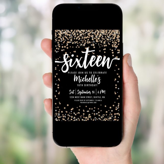 Sixteen Black Gold Glitter 16th Birthday Invitation (Front Digital)