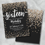 Sixteen Black Gold Glitter 16th Birthday Invitation<br><div class="desc">Introducing a chic and playful Sweet Sixteen 16th birthday party invitation, perfect for celebrating 16 years old in style. The elegant design features a mix of gold and silver glitter confetti, adding a glamorous touch. At the top, "Sixteen" is prominently displayed in bold calligraphy, setting the tone for an unforgettable...</div>