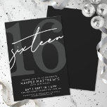 Sixteen Black  White 16th Birthday Invitation<br><div class="desc">Dark Gray and Black Sixteen Birthday Party Invitation. Celebrate turning sixteen in style with this bold, chic design. The top half features a large dark gray “16” against a solid black background, with a sassy handwritten white script “sixteen” layered over it for a striking contrast. The bottom portion continues the...</div>