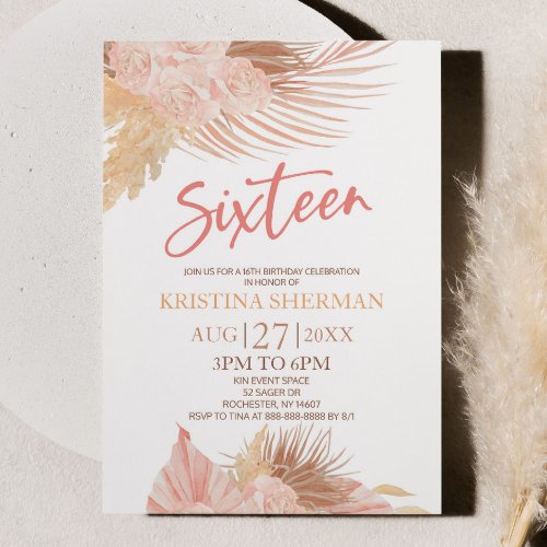 Sixteen Boho Pink Floral 16th Birthday Party Invitation