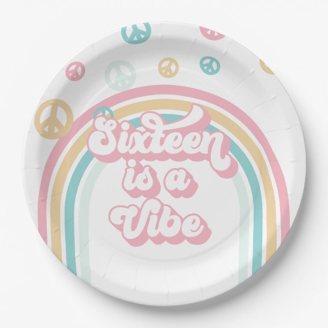 Sixteen is a Vibe Retro Summer Rainbow Paper Plates (Front)