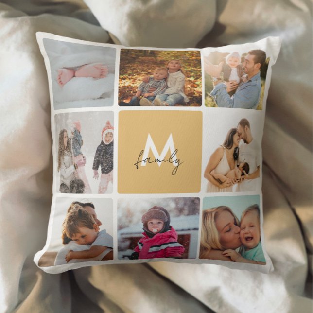 Sixteen Photo Collage Simple Monogram Family Throw Pillow (Creator Uploaded)