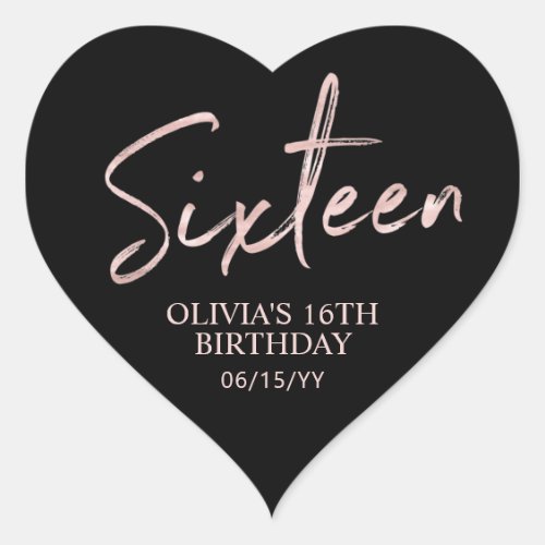 Sixteen Rose gold  Black Sweet 16 Birthday Party Heart Sticker