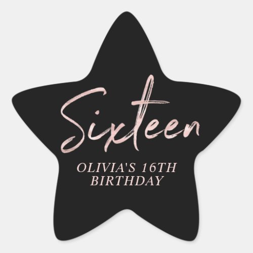 Sixteen Rose gold  Black Sweet 16 Birthday Party Star Sticker