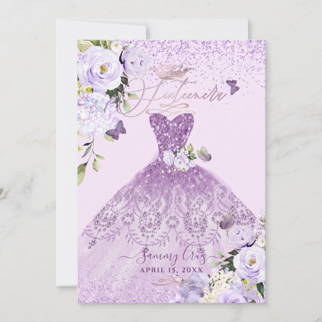 Sixteenera Dusty Lilac Purple Glitter Gown Invitation (Front)