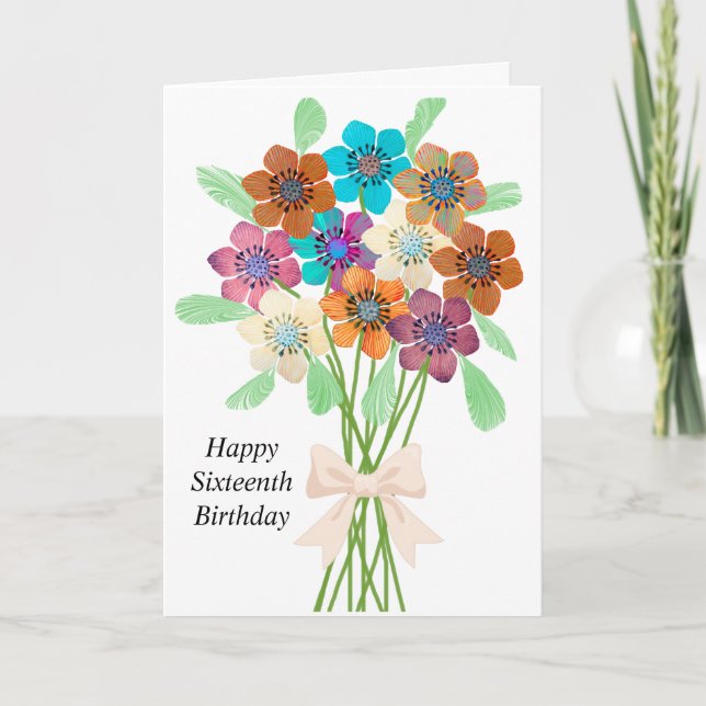 Sixteenth Birthday Card with Bouquet of Flowers (Front)