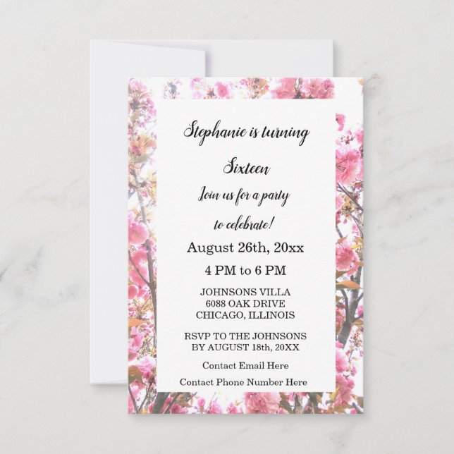 Sixteenth Birthday Cherry Floral Pink Purple Cute Invitation (Front)