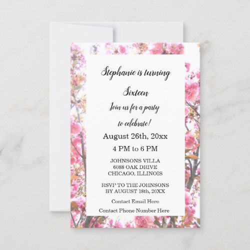 Sixteenth Birthday Cherry Floral Pink Purple Cute Invitation