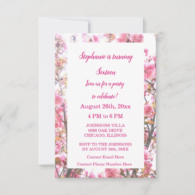 Sixteenth Birthday Hot Pink Cherry Blossom Floral Invitation (Front)
