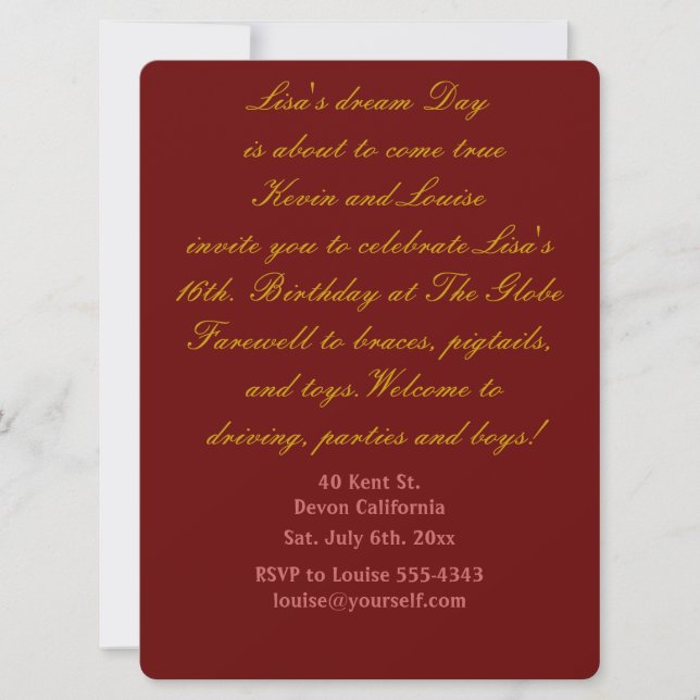 Sixteenth Birthday invitation. Invitation (Front)