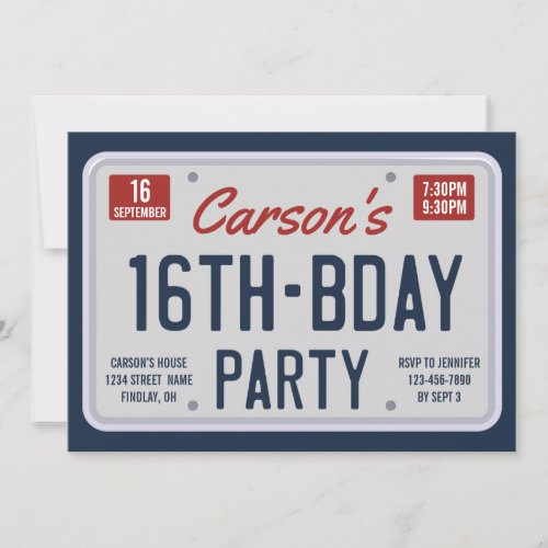 Sixteenth Birthday License Plate Birthday Party Invitation