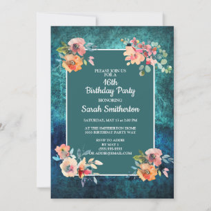 Sixteenth Birthday Party Teal Pink Floral Stripes Card