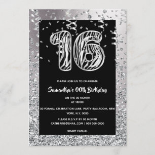 Sixteenth black silver zebra stripe glitter girls invitation