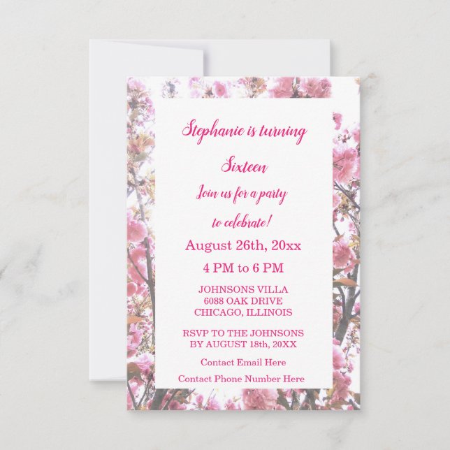Sixteenth Floral Birthday Hot Pink Cherry Blossom Invitation (Front)
