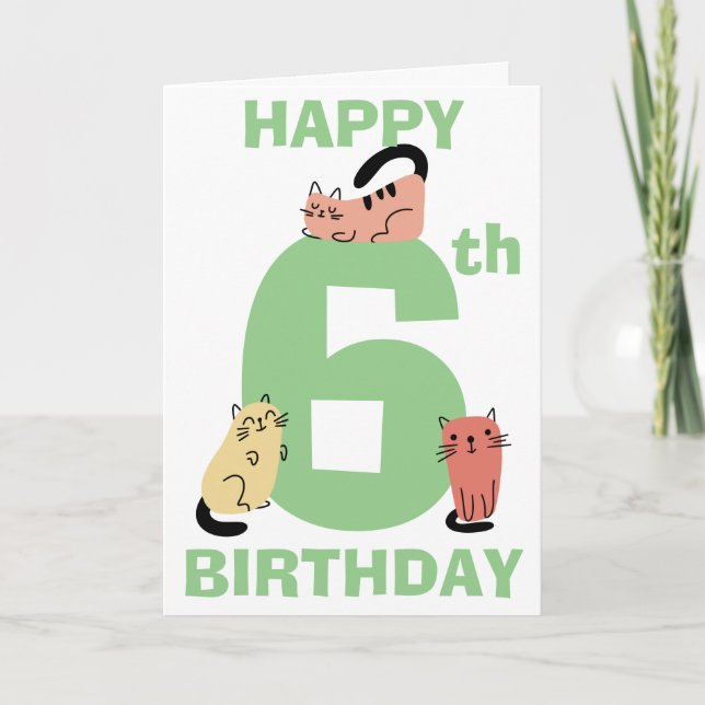 Sixth (6th) Birthday Doodle Cats Custom Message Card (Front)
