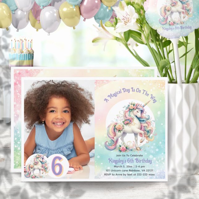 Sixth 6th Unicorn Theme Birthday Pastel Rainbow Invitation (Sixth 6th Unicorn Theme Birthday Pastel Rainbow Invitation)