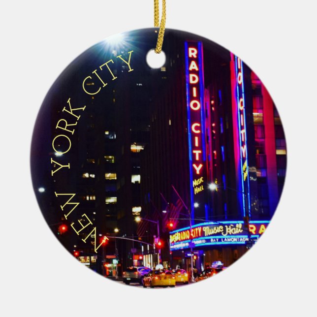 Sixth Avenue New York City Neon Lights Night NYC Ceramic Ornament (Front)
