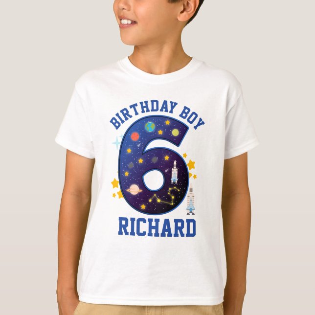 Sixth Birthday Boy Space 6 | Planets Galaxy T-Shirt (Front)