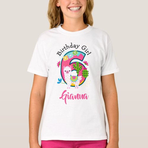 Sixth Birthday Girl llama Party  T_Shirt