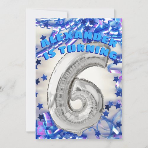 Sixth Birthday Silver and Blue Age 6 Boys Party Invitation