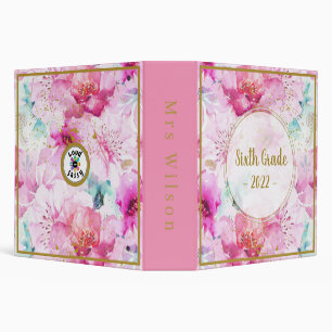 Sixth Grade 2022 Floral Pink and Gold 3 Ring Binder