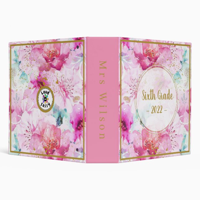 Sixth Grade 2022 Floral Pink and Gold  3 Ring Binder (Background)
