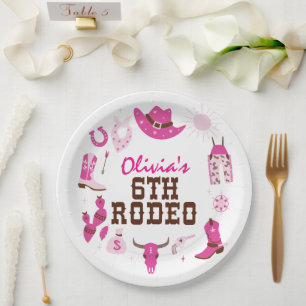 Sixth Rodeo Pink Western Cowboy 6th Birthday Paper Plates