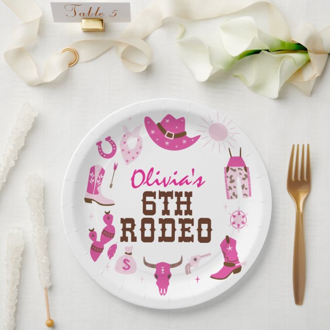 Sixth Rodeo Pink Western Cowboy 6th Birthday Paper Plates (Wedding)