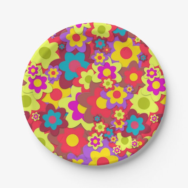 Sixties 60s hippy flower power retro party paper plates (Front)