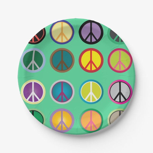 Sixties 60s hippy peace flower power retro party paper plates (Front)