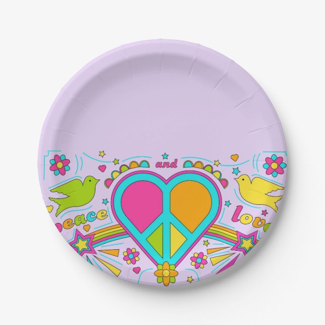 Sixties 60s hippy peace flower power retro party paper plates (Front)