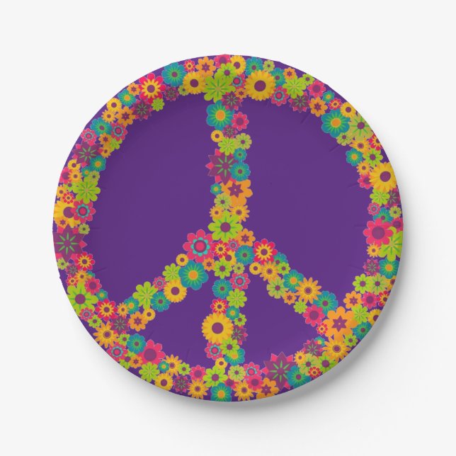 Sixties 60s hippy peace flower power retro party paper plates (Front)