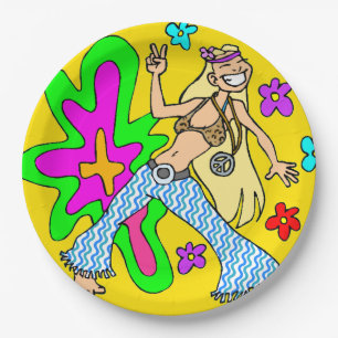 Sixties Flower Child and Peace Sign Bright Colors Paper Plates