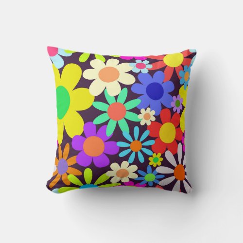 Sixties Retro Country Floral Daisy Field Throw Pillow