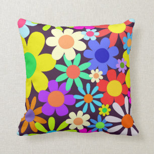 Sixties Retro Country Floral Daisy Field Throw Pillow