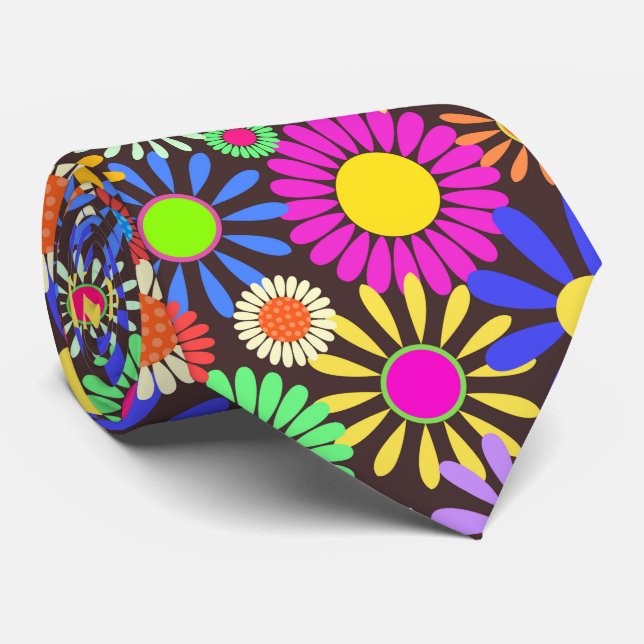 Sixties Retro Daisy Flower Garden Pattern Neck Tie (Rolled)