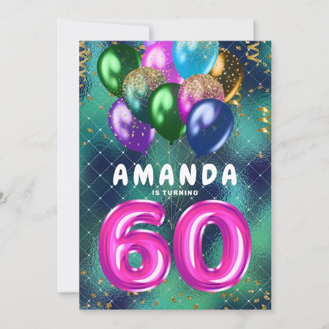 Sixtieth Birthday Colorful Pink Balloons 60th Invitation (Front)