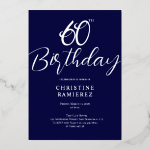 Sixtieth Birthday Party Navy Blue Silver Photo Foil Invitation