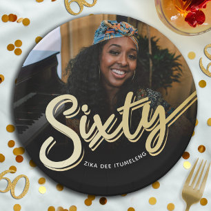 Sixty 60th Birthday custom photo script gold color Paper Plates