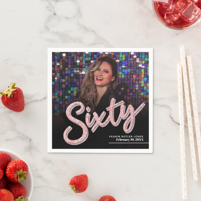 Sixty 60th Birthday custom photo script pink Napkins (Insitu)